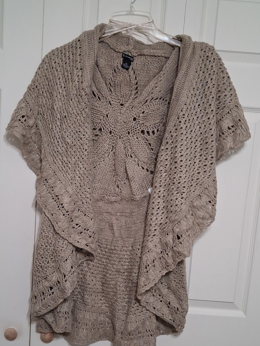 new directions Taupe Open-Knit Shawl Cardigan with Scalloped Edges